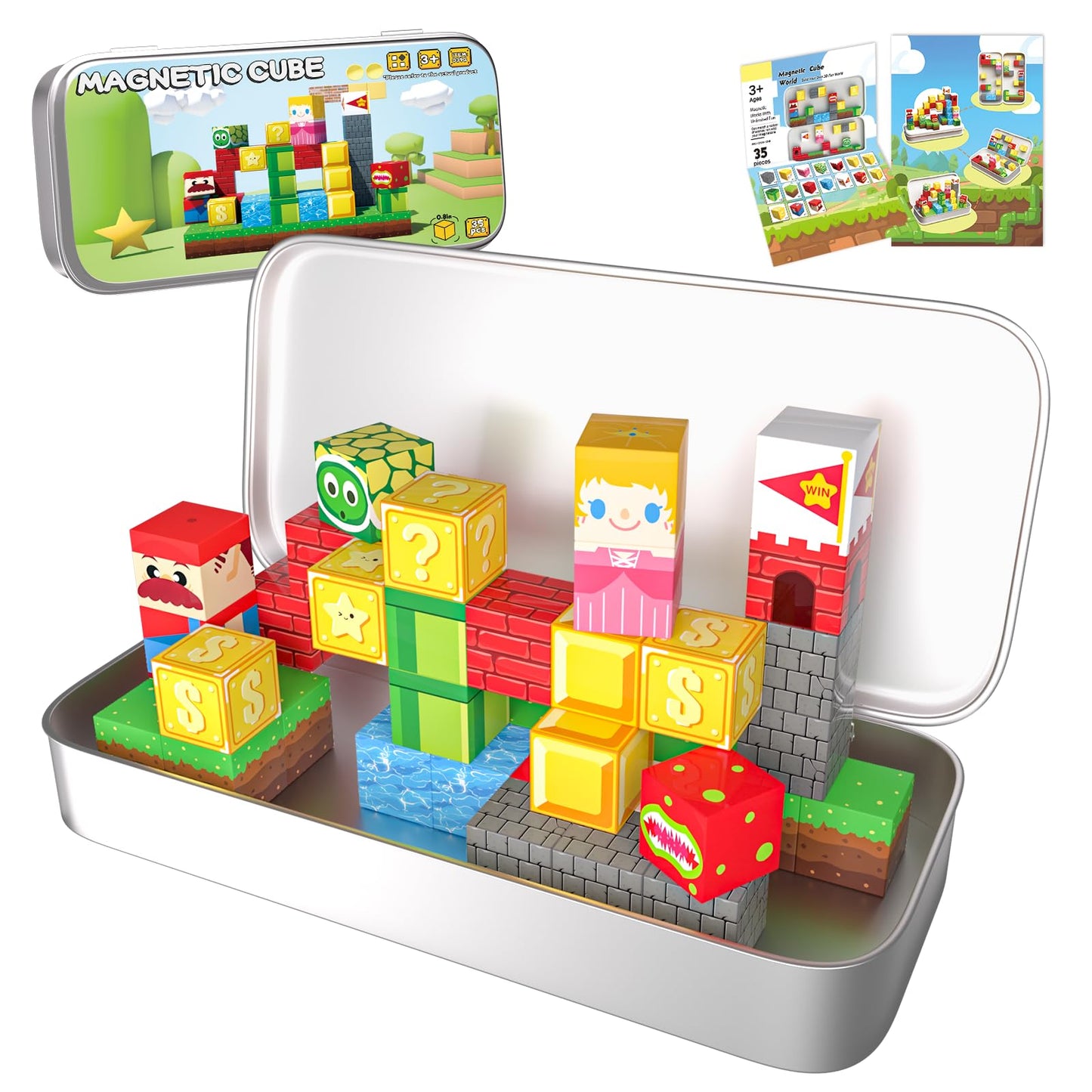 CraftyNest Mini Magnetic Blocks, 35PCS Travel Magnetic Building Cubes with Metal Storage Box, Portable Magnetic Toys Set for Boy