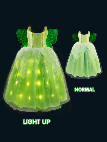 Uporpor Light Up Fairy Costumes Girls Halloween Dress Kids Dressing Up Clothes Birthday Party Fancy Led Costume, With Wing Green, 120