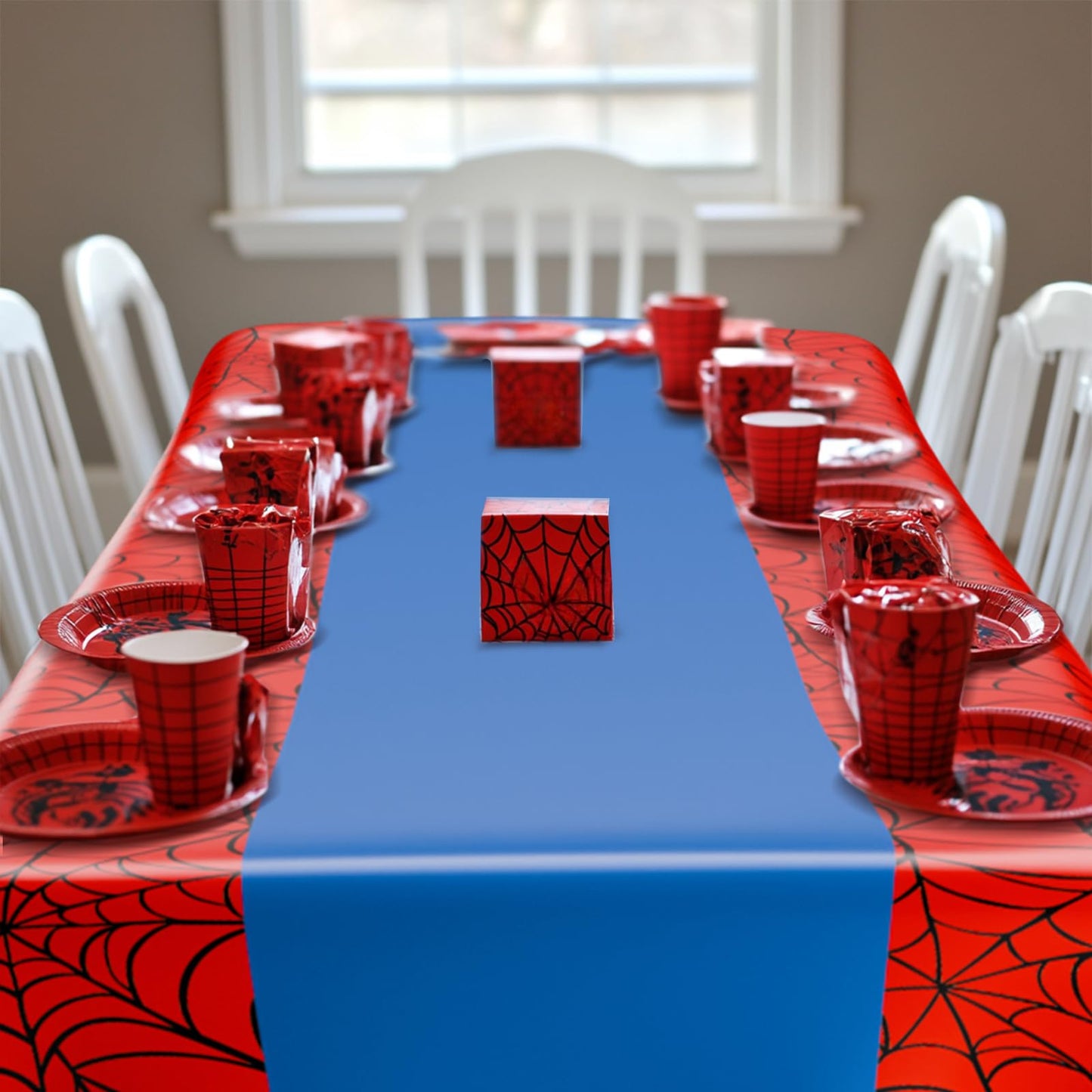 Remagr 6 Pcs 54 x 108 inch Spider Birthday Party Tablecloth Plastic Disposable Hero Table Cover Large Red and Blue Plastic Recta
