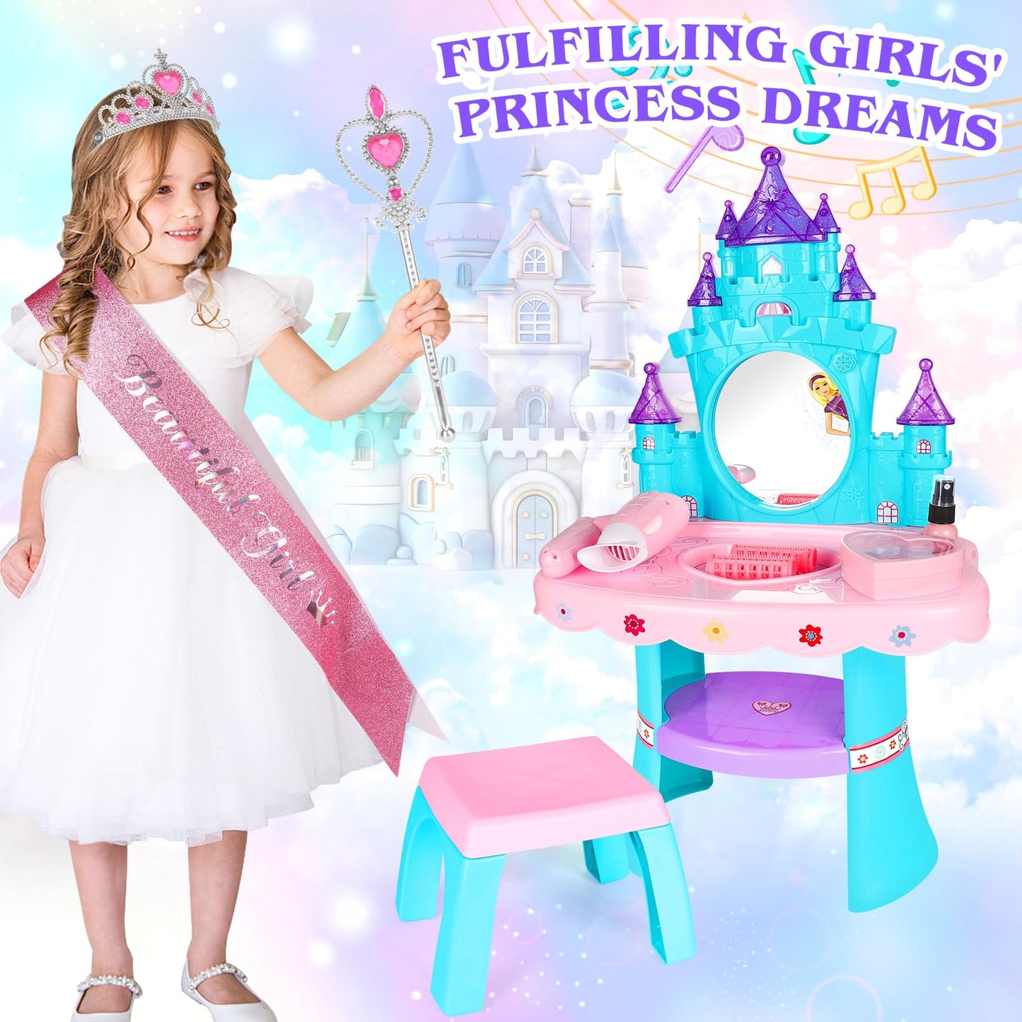 Eulrgaus Toddler Vanity, Kids Vanity Table And Chair Set With Mirror, Light And Music, Little Girl Vanity With Hair Salon Toys F