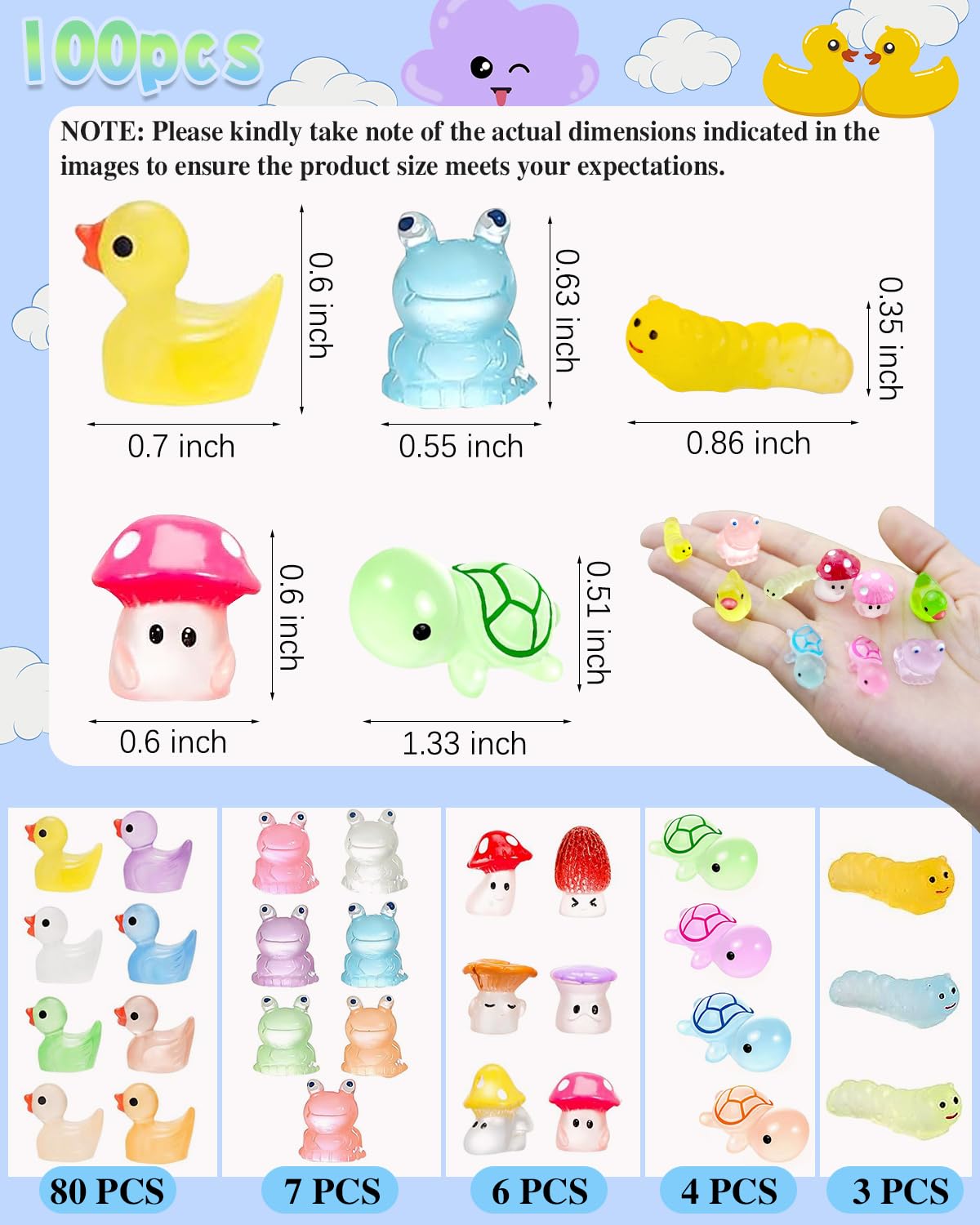 LOIKMIUP 100PCS Luminous Mini Animals Glow in The Dark, Tiny Animals Figures Resin Duck Frogs Turtle Mushroom Caterpillars 5 Com