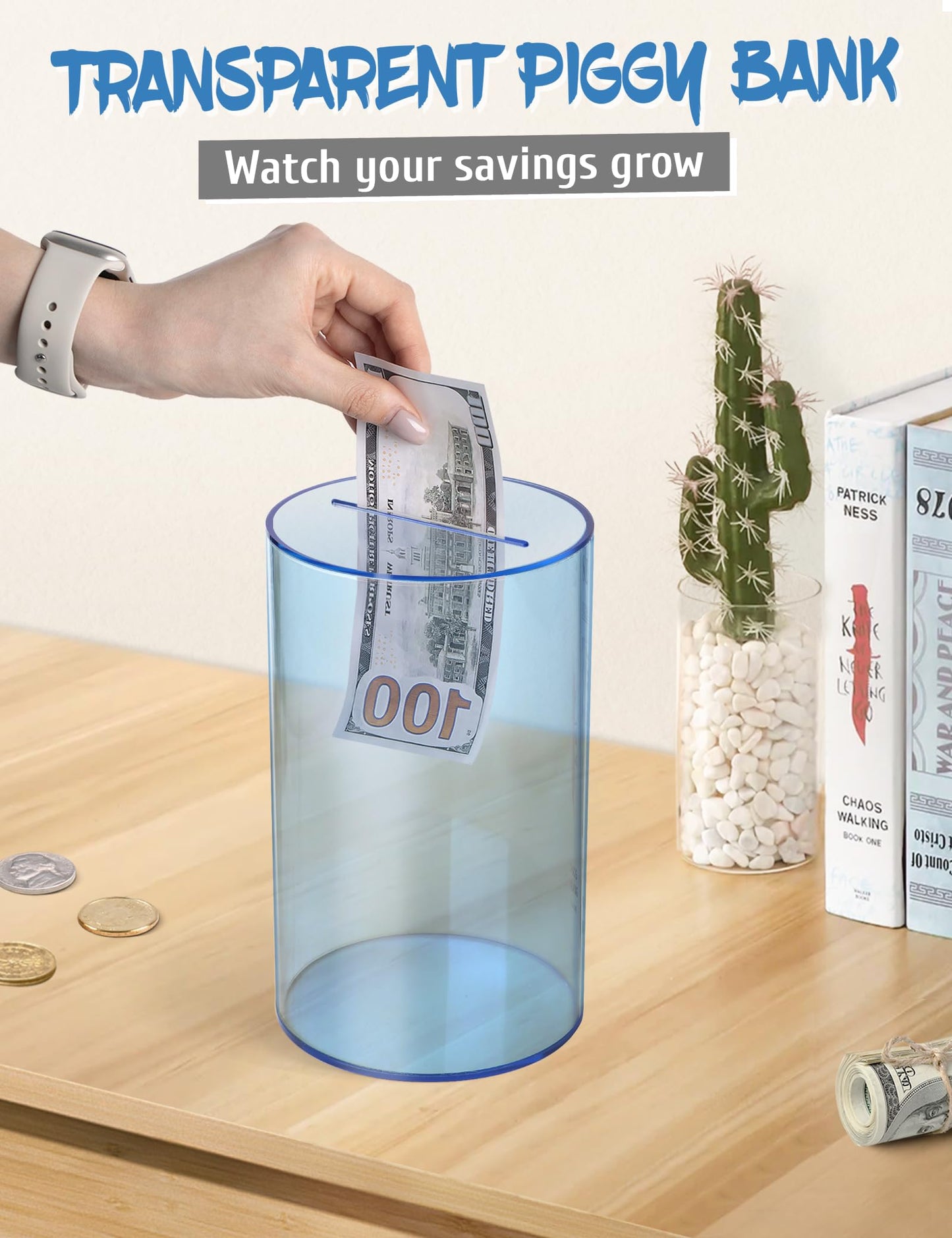 Clear Acrylic Piggy Bank For Adults Kids, Clear Money Saving Jar Must Break To Open, Unopenable Piggy Bank For Cash Coins (Blue,