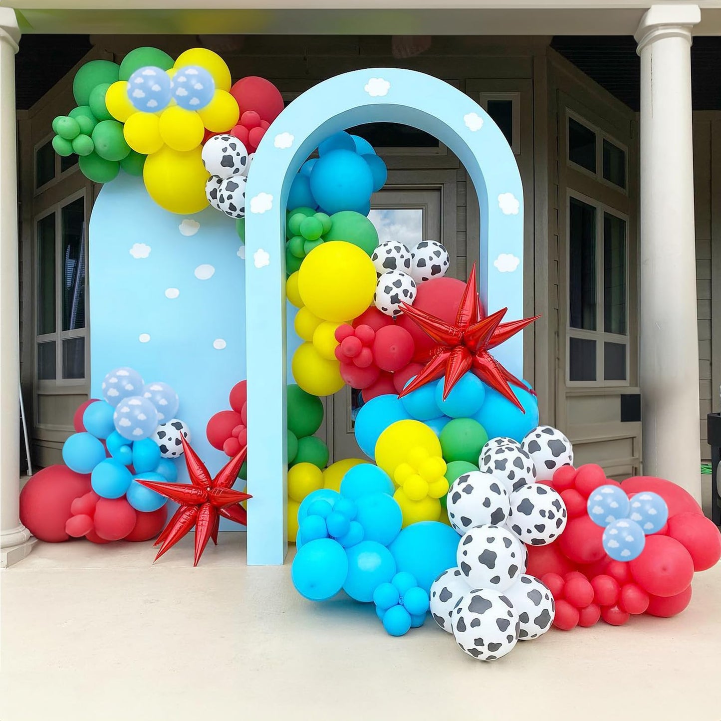 Toy Birthday Theme Balloons, 12 Inch Red Blue Yellow Balloons With Cow Print And Sky Blue Cloud Balloons For Kids Boys Cartoon S