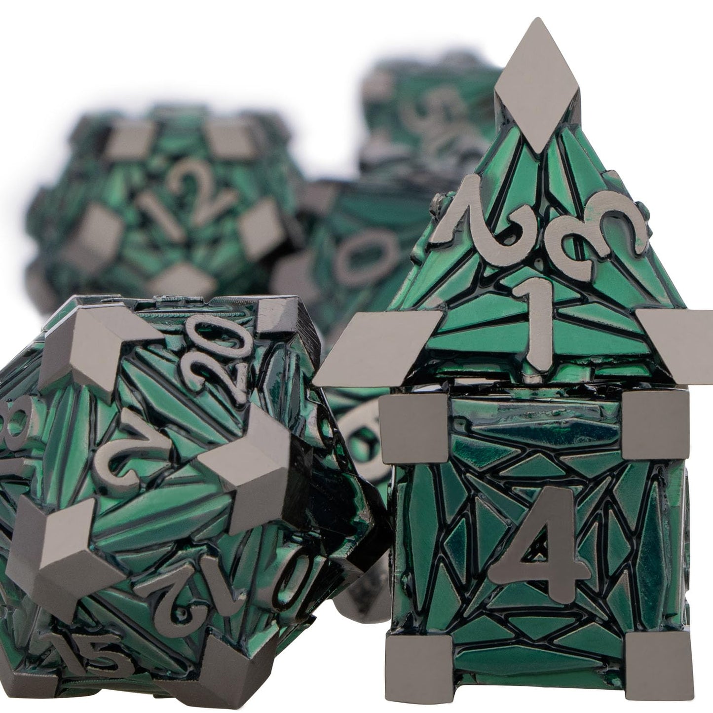 ORIFANTOU 7PCS Metal DND Dice Set Green D&D Dice with Box, Debris RPG D and D Dice Dungeons and Dragons Role Playing Game Polyhe