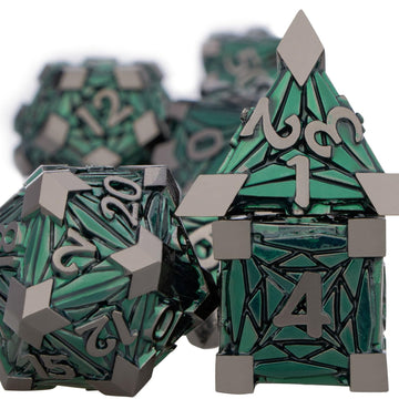ORIFANTOU 7PCS Metal DND Dice Set Green D&D Dice with Box, Debris RPG D and D Dice Dungeons and Dragons Role Playing Game Polyhe