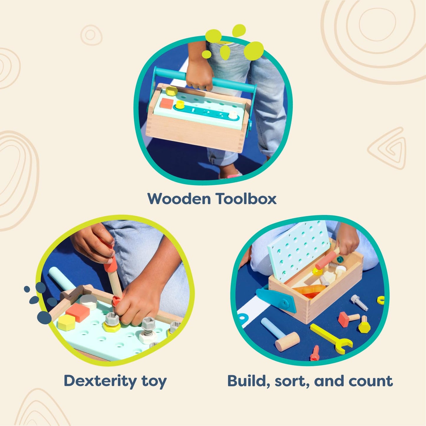 B. toys- Fix n Play Kit- Pretend Play Tool Box - Wooden Toolbox & Accessories (25 Pcs) - Carpenter Set for Kids - Play Set with