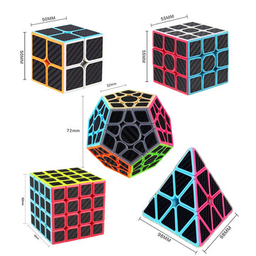 Roxenda 5 Pack Speed Cube Set - 2x2, 3x3, 4x4, Megaminx & Pyramid Cubes, Smooth Carbon Fiber, Ideal for Kids,