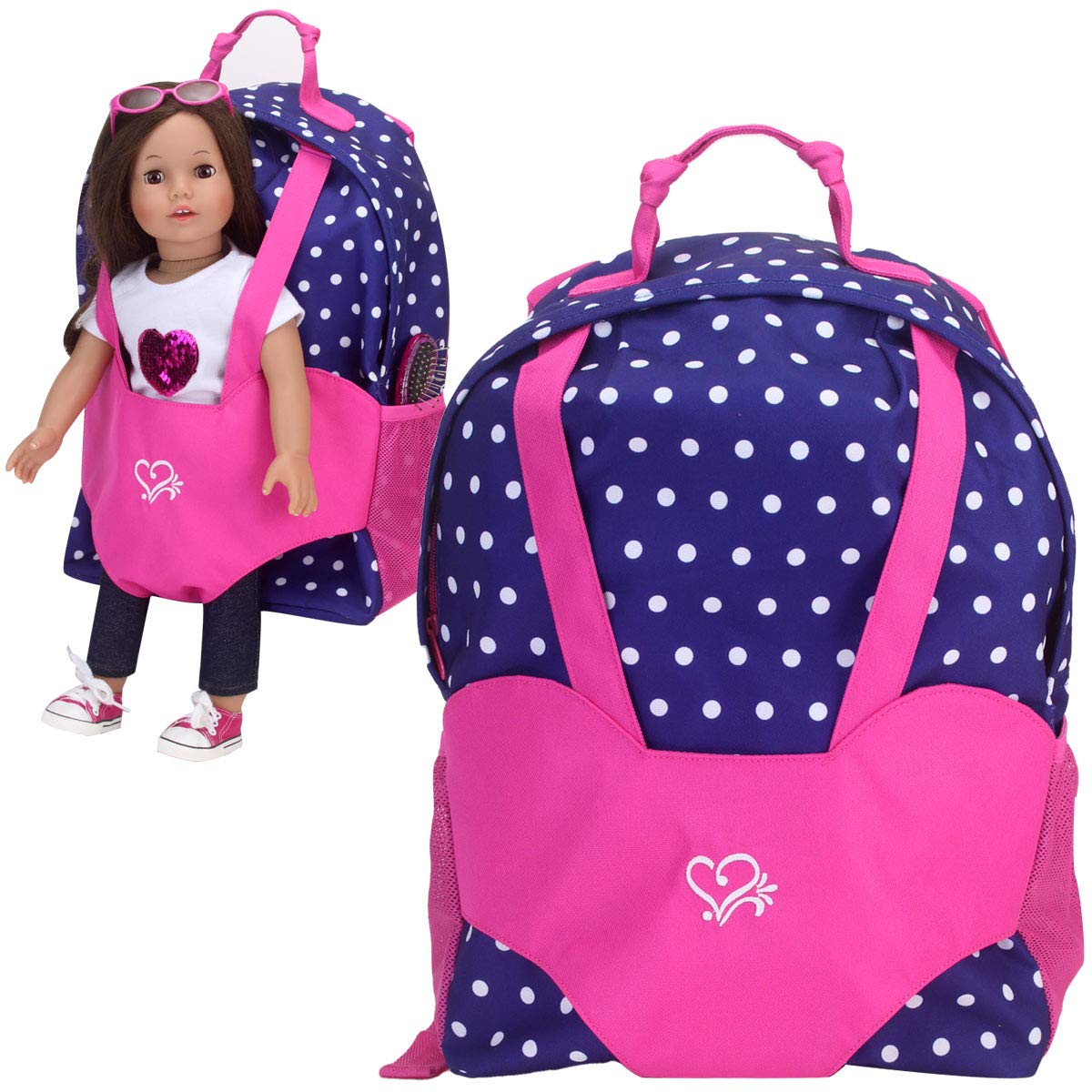 Sophia'S 15' Inch & 18' Inch Doll Accessorrites, Polka Dot Backpack Carrier To Fit & Transport 15'' Inch & 18'' Inch Dolls, Pink/Navy