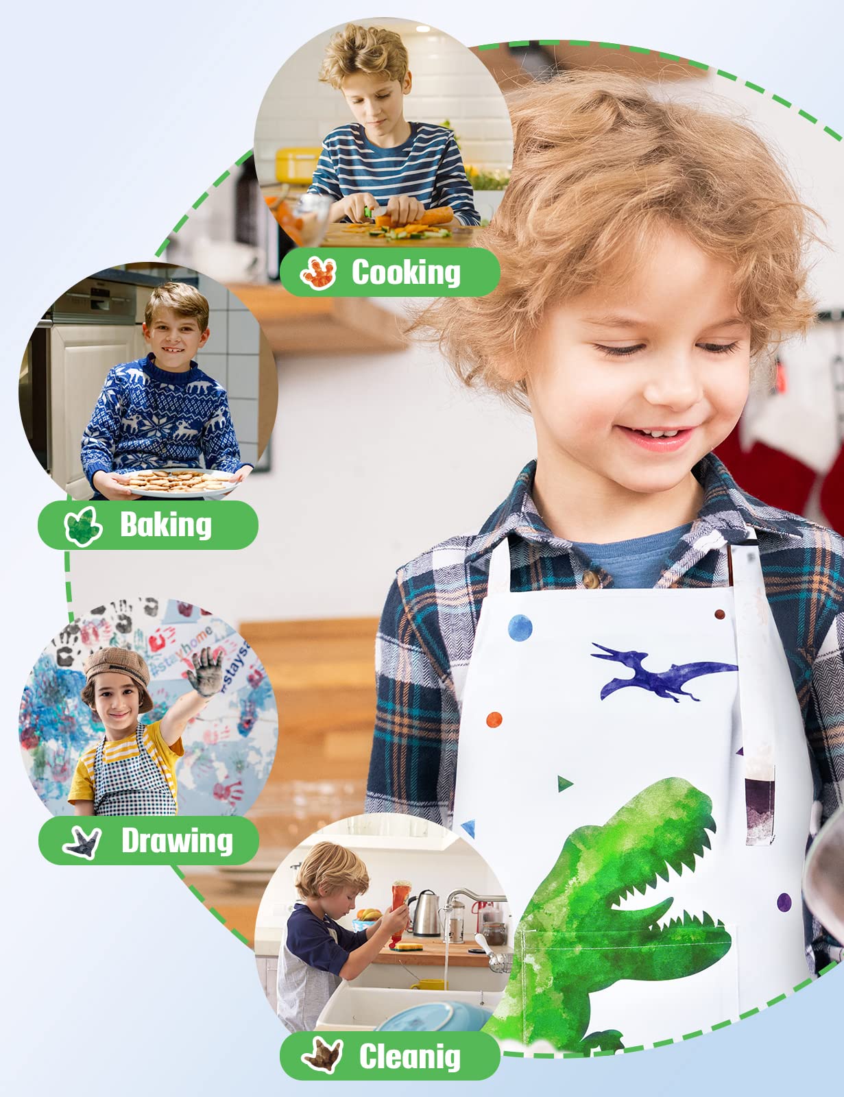 Wernnsai Dinosaur Apron Set - Waterproof Chef Artist Cooking Aprons For Kids Boys Toddler Kitchen Apron With Adjustable Strap Pocket Chef Hat And Mittens For Baking Painting (Extra Small, 2-5 Years)