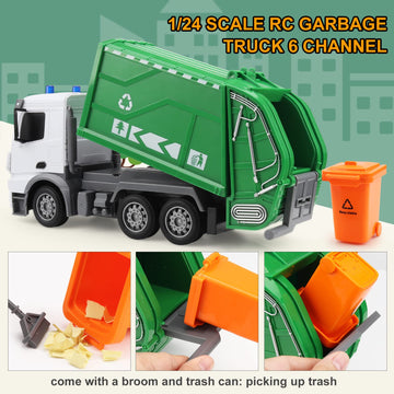 WEMOKA 2.4Ghz Remote Control Garbage Truck Toys, RC Trash Truck Toys for Boys with Trash Bin Real Lights, 1/24 Scale 6 Channel R