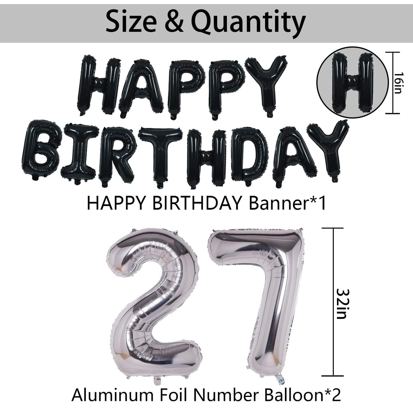 Naninuneno 27Th Black Silver Birthday Party Decorations For Men Women, Happy 27 Birthday Party Supplies With Black Happy Birthda