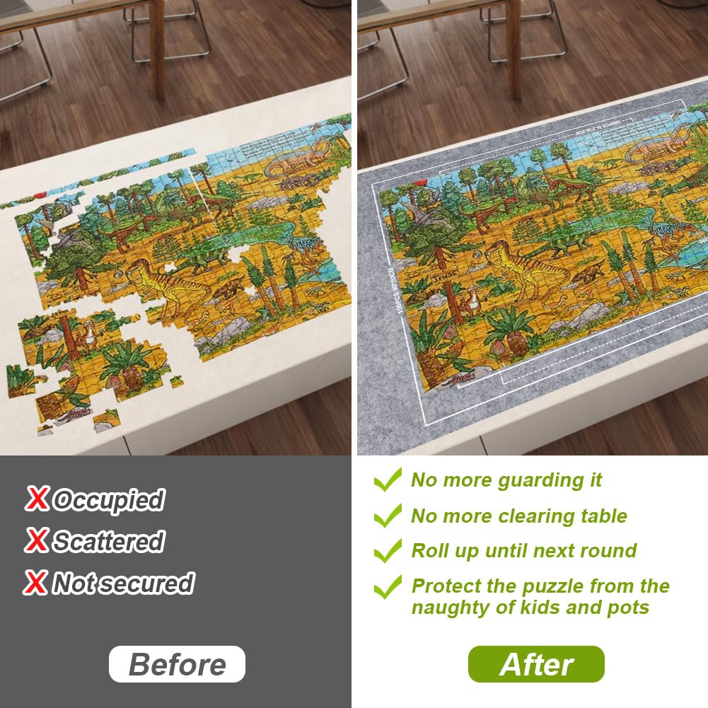 Ainiv Jigsaw Puzzle Mat Roll Up 1500 Pieces 46 x 26 Portable Felt Puzzles Board with Travel Storage Bag Jigsaw Saver Pad Keeper for mature-themeds Teens Gray