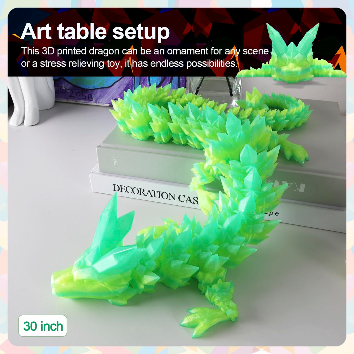 Rwsefk 30 In 3D Printed Dragon, 30Inch Dragon,3D Dragon Toy,Large Dragon Present,Ariculated Crystal Dragon(Gradient Bamboo Green