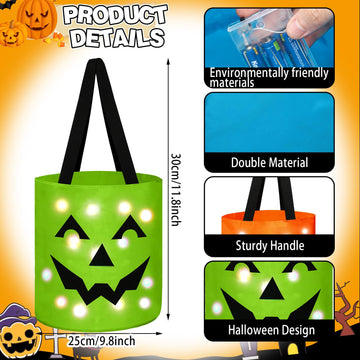 Sadnyy 3 Pcs Halloween Trick or Treat Bags Light up for Kids Pumpkin Candy Bucket LED Halloween Treating Baskets Reusable Goody