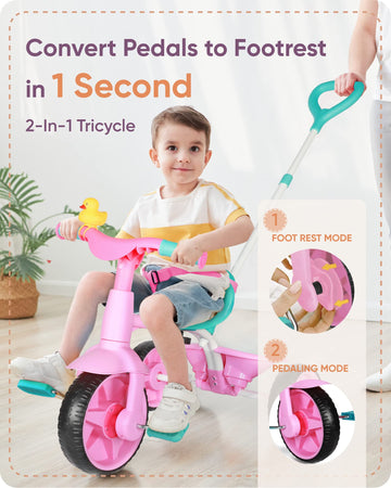 KRIDDO 2 in 1 Kids Tricycles Age 18 Month to 3 Years, EVA Wheels Upgraded, Gift, Trikes for Toddlers 2 to 3 Year Old with Push H