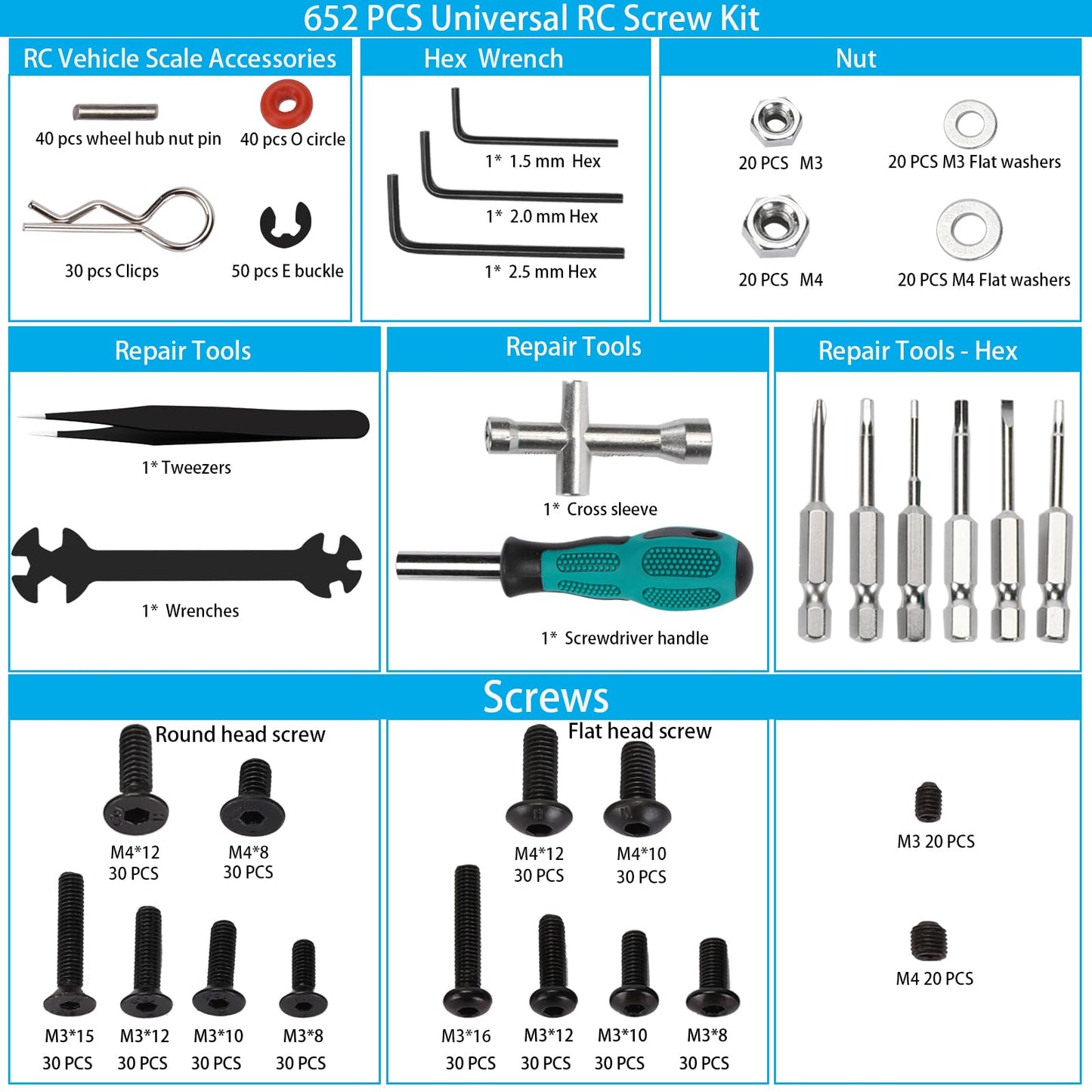 RC Car Stand and 652 PCS RC Screw Kit RC Car Work Stand Repair Workstation RC Hardware Kit Universal RC Car Screw Tools Assortme