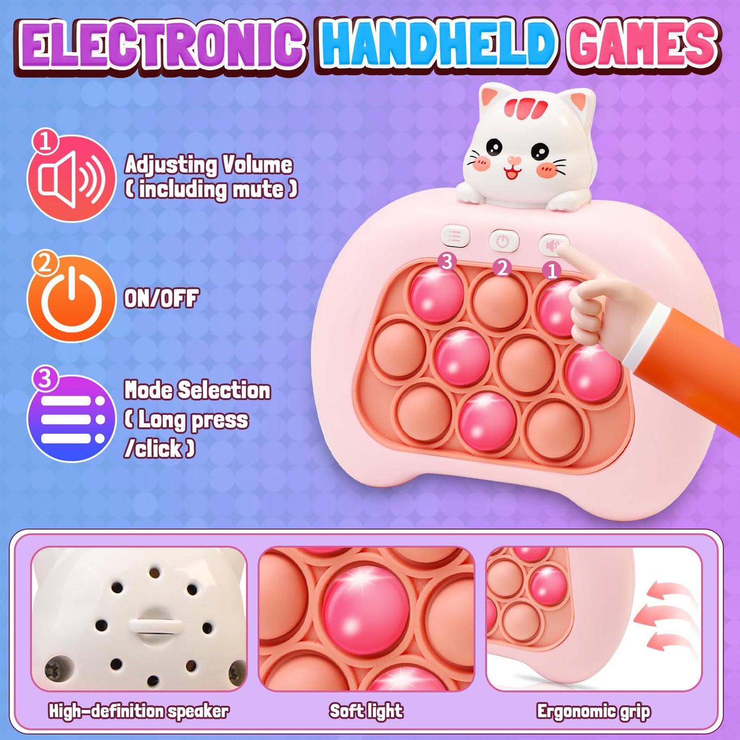 Quick Push Pop Game - Electric 4 Mode Light Up Handheld Games Fast Push Sensory Bubble Toys With Music, Party Birthday Toys For