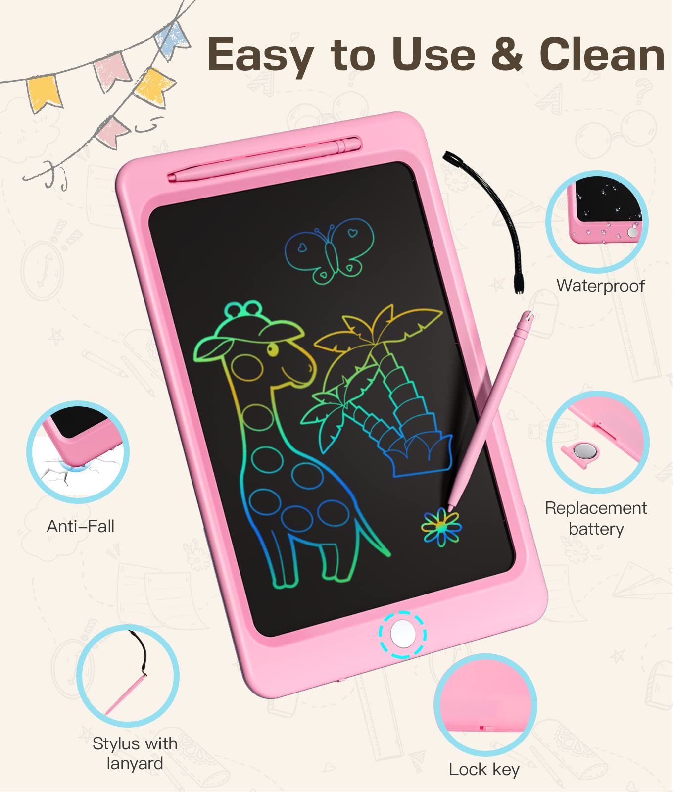 Beydoa Lcd Writing Tablet For Kids, 12 Inch Colorful Doodle Board, Drawing Tablet Writing Board, Toddler Learning Toys For 3 4 5