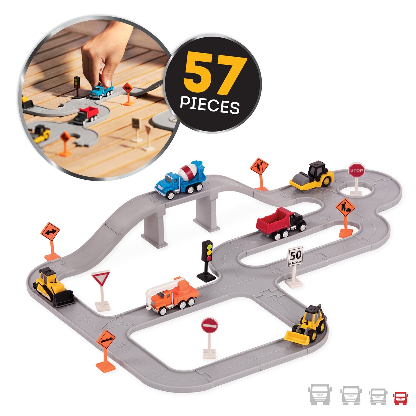 Driven by Battat - 57Pcs Construction Toy Playset - Including 6 Mini Cars(Crane Truck,Dump Truck,Cement Truck,Bulldozer,Steamrol