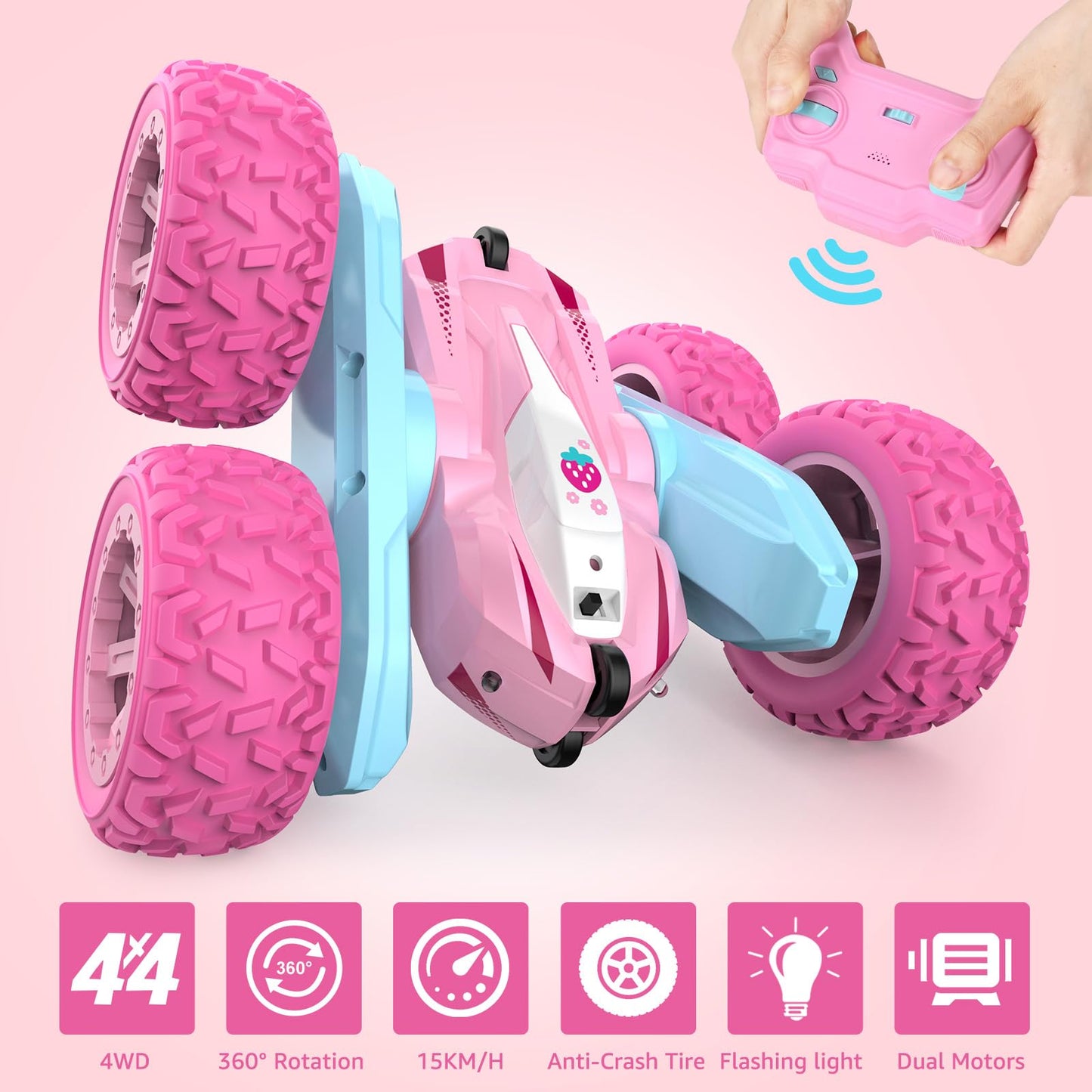 NUOKE Remote Control Car, Pink RC Cars for Girls, Rechargeable RC Truck, 2.4Ghz Double Sided 360 Rotating Stunt Car Toy with Hea