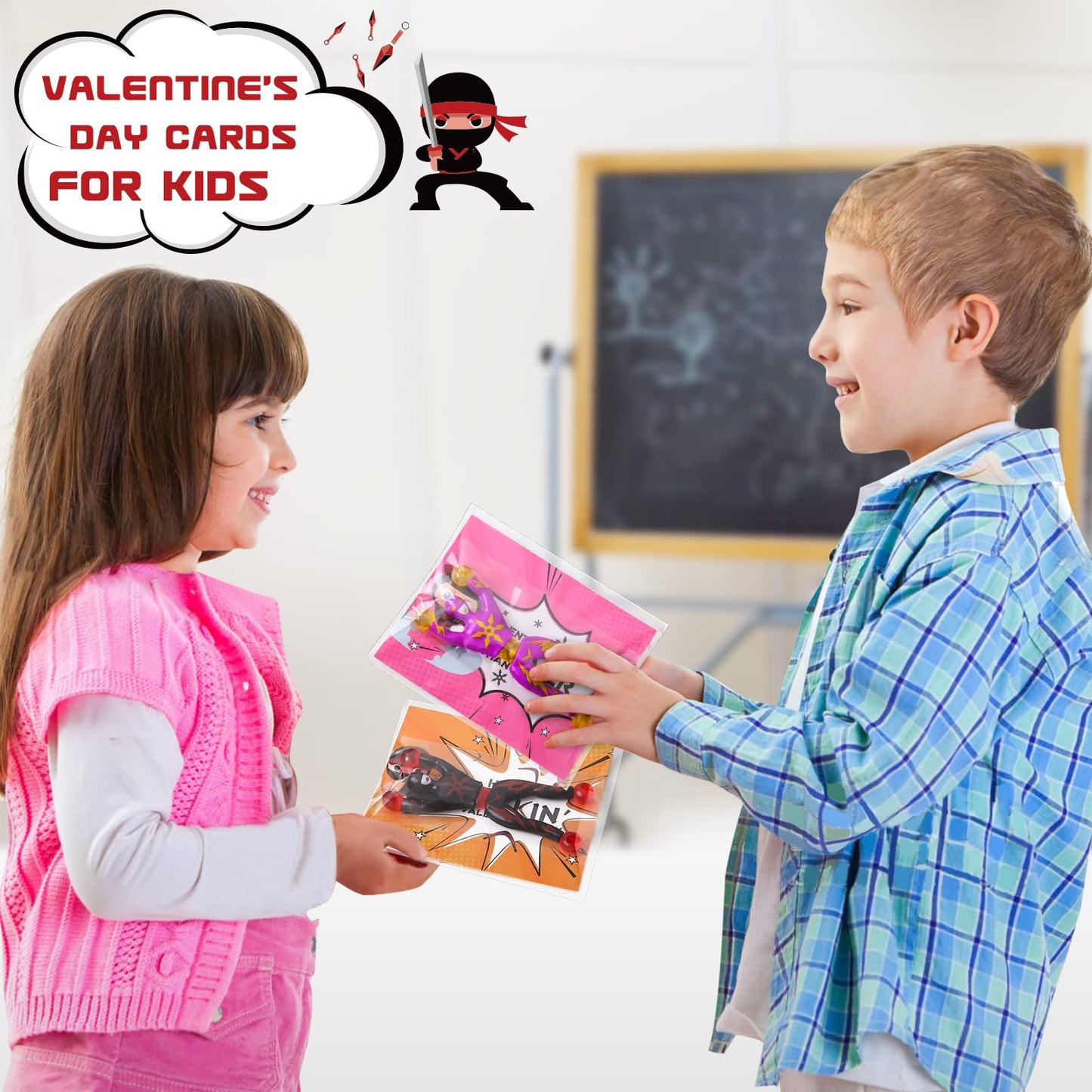 28 Packs Valentines Day Cards for Kids with Sticky Wall Climbing Men Ninja Set for Classroom,Valentines Gifts Exchange For Scho