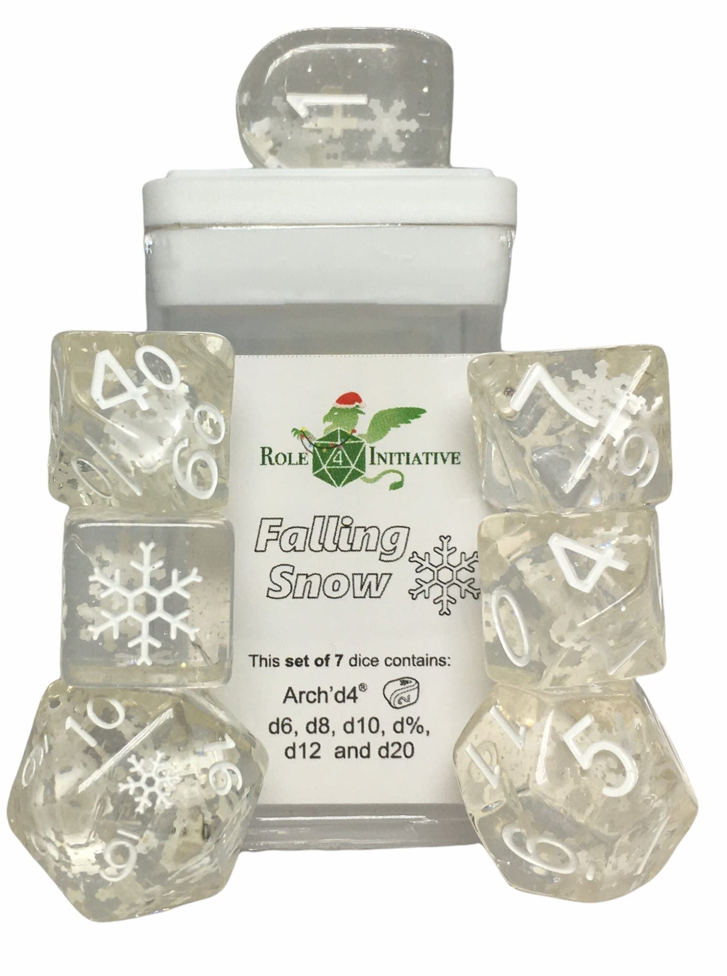 Happy Holi-Dice: Diffusion Falling Snow - Set Of 7 Game Dice W/ Arch'D4 And Symbols