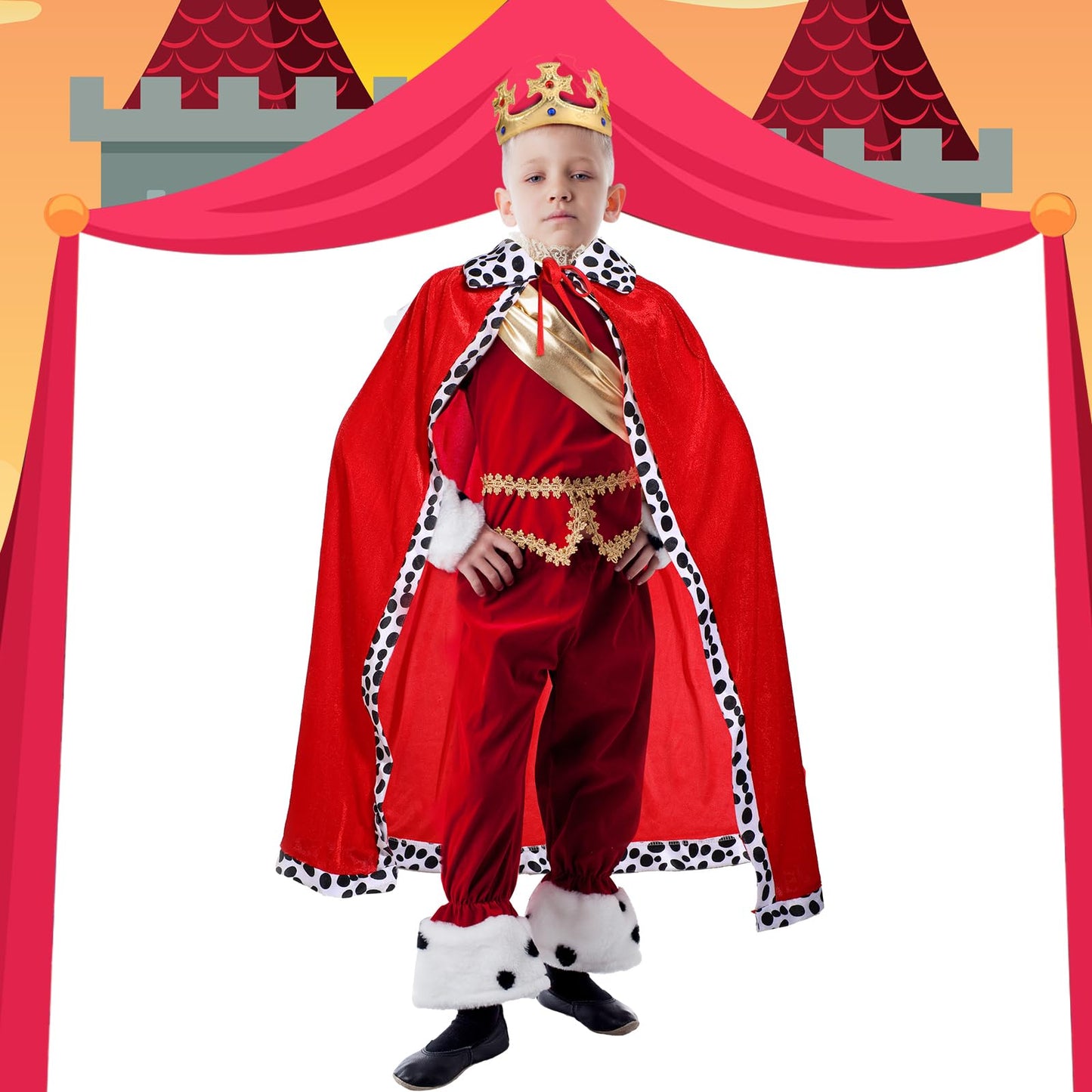 Shinymoon 3 Pcs Halloween Prince Costume For Kids King Crown Robe And Scepter Prince Costume For Boys King Prince Cosplay(Red)