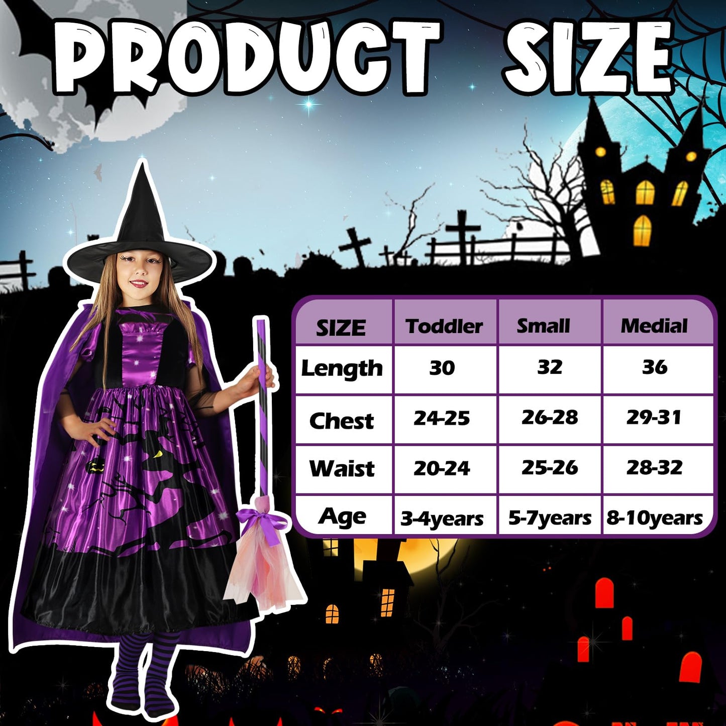 Ramede 5 Pcs Girl Halloween Witch Costume Set Light Up Witch Dress Broom Cloak Hat Sock For Treat Or Trick Party(5-7 Year Old)