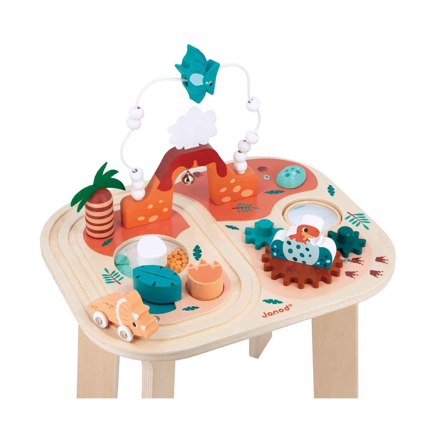 Janod Dino - Dinosaur Activity Table - 8 Activities In One - Includes Push Track, Stacking Toys, Bead Maze, And Gears - Ages 12 Months+ - J05825
