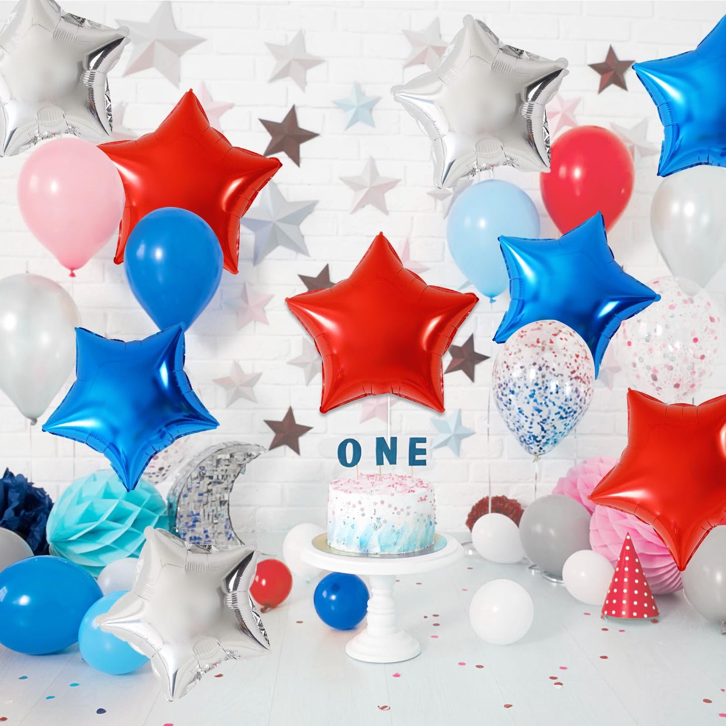 Feyg Star Balloons, 10 Pcs Red Blue Silver, 18'' Aluminum Foil, Self-Sealing, For Helium, Party Decorations, Wide Occasions