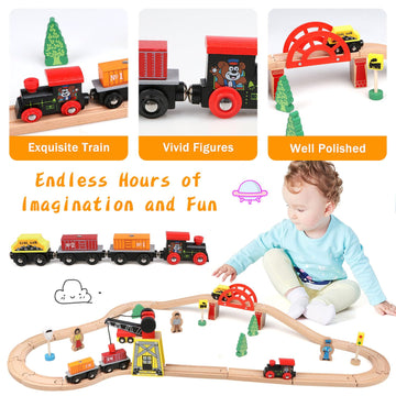 Qilay Wooden Train Set - 39 Pcs Tracks, Crane, Bridge & 5 Trains - Ideal for Toddlers 3-5 Years - Natural Wood Color