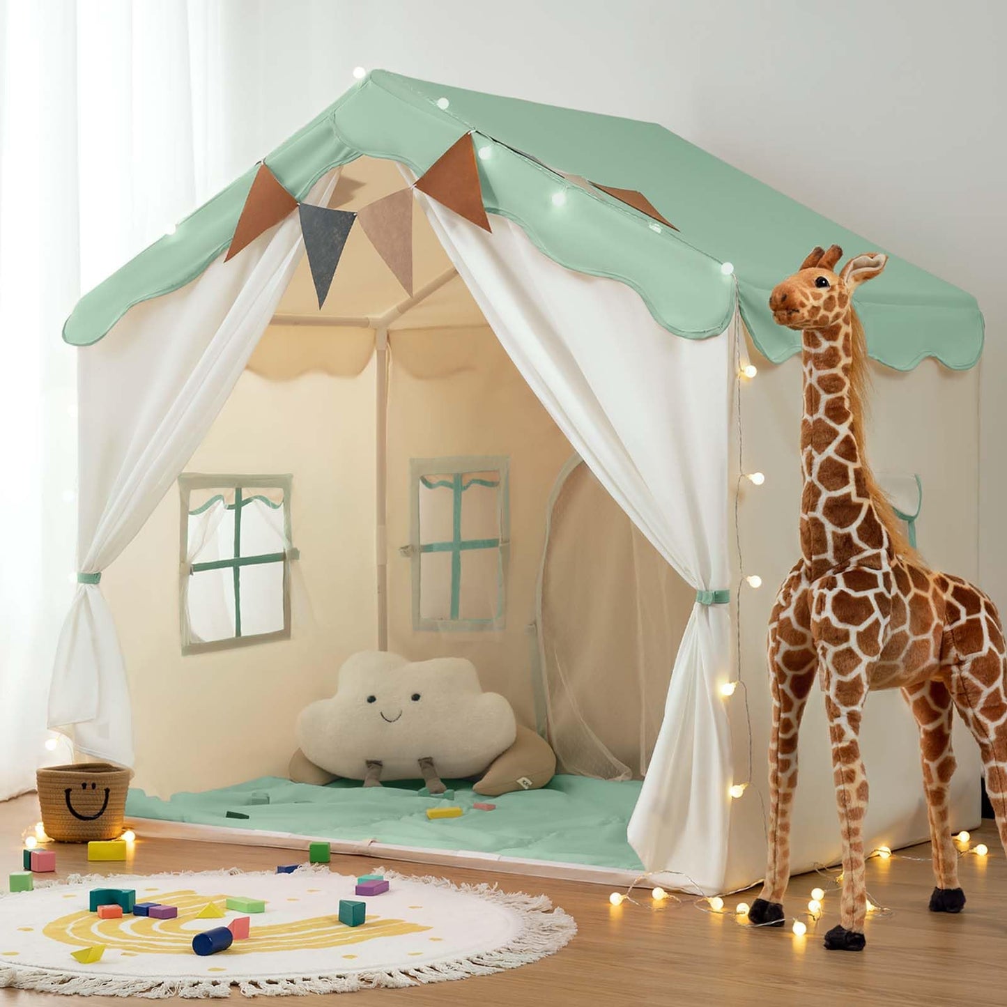 Besrey Kids Play Tent - 2 In 1 With Padded Mat & Lights, Large Playhouse With 2 Doors & 4 Windows, Indoor & Outdoor, Christmas Toddler Play Tent, 51' X 35' X 51