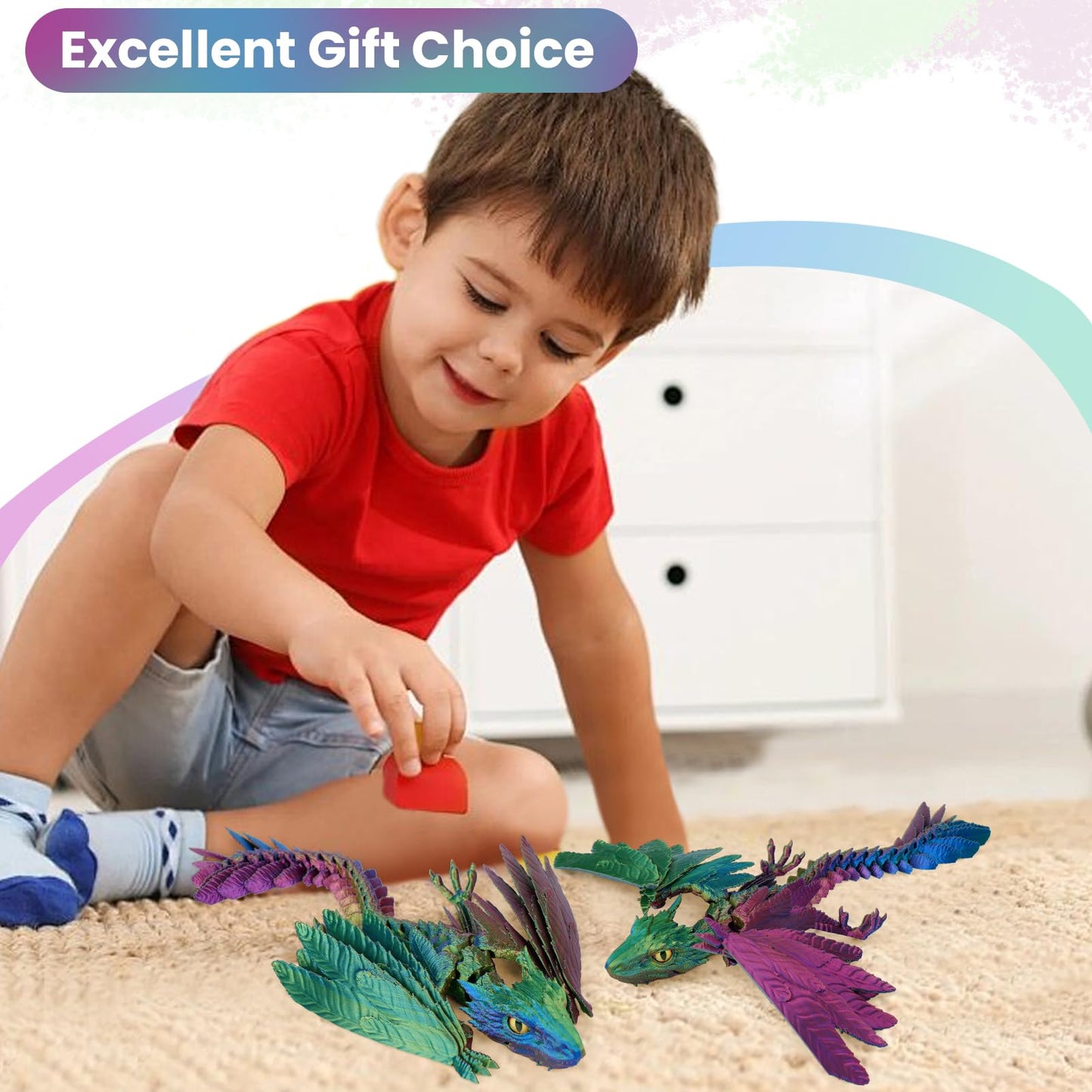 Shuwnd 3D Printed Dragon With Wings, Feathered Wyvern Dragon,Full Articulated Crystal Flying Dragon,Realistic Large Pet Dragon, Flexible Shoulder Dragon Stuff 3D Printed Animals Toy (Yellow Green Red)