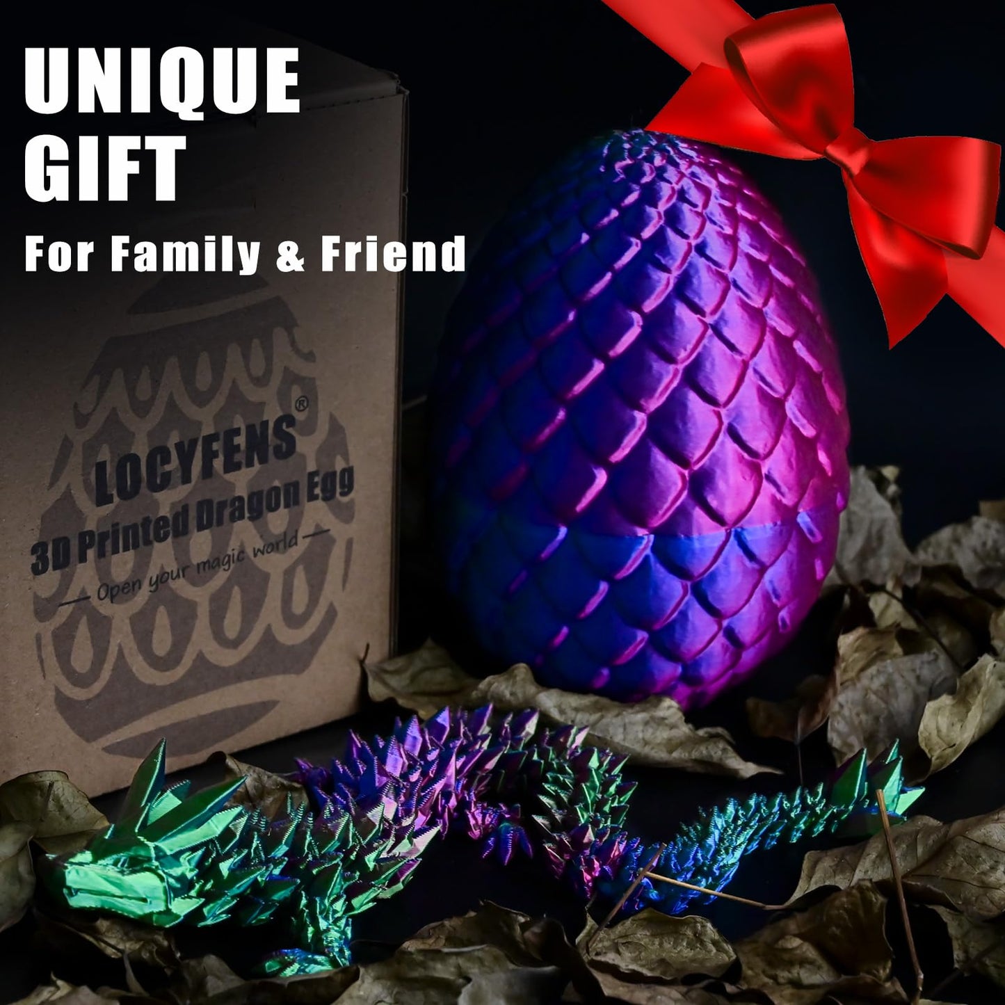 Locyfens 3D Printed Dragon Eggs With Dragon Inside, Rainbow Articulated 3D Dragon Toys With 3D Dragon Eggs, Crystal Dragon Red B