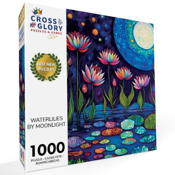 Cross & Glory 1000 Piece Jigsaw Puzzle - Waterlilies Moonlight, Large Size, 1.8mm Thick Cardboard, Stunning Artwork for Relaxation