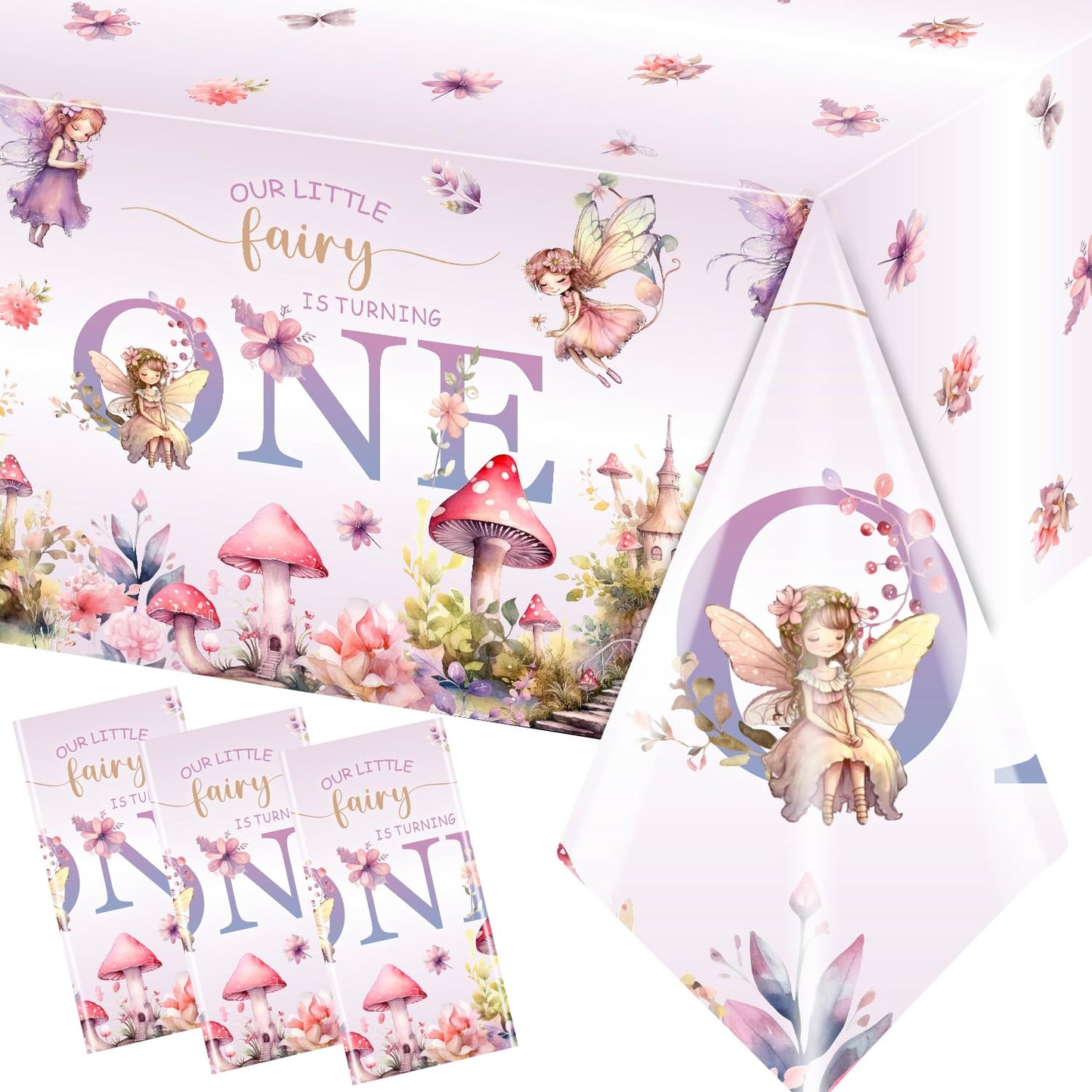 Pymurod 3Pcs Fairy First Birthday Decorations Fairy One Tablecloth Little Fairy Garden Table Cover, Fairy 1St Birthday Party Sup