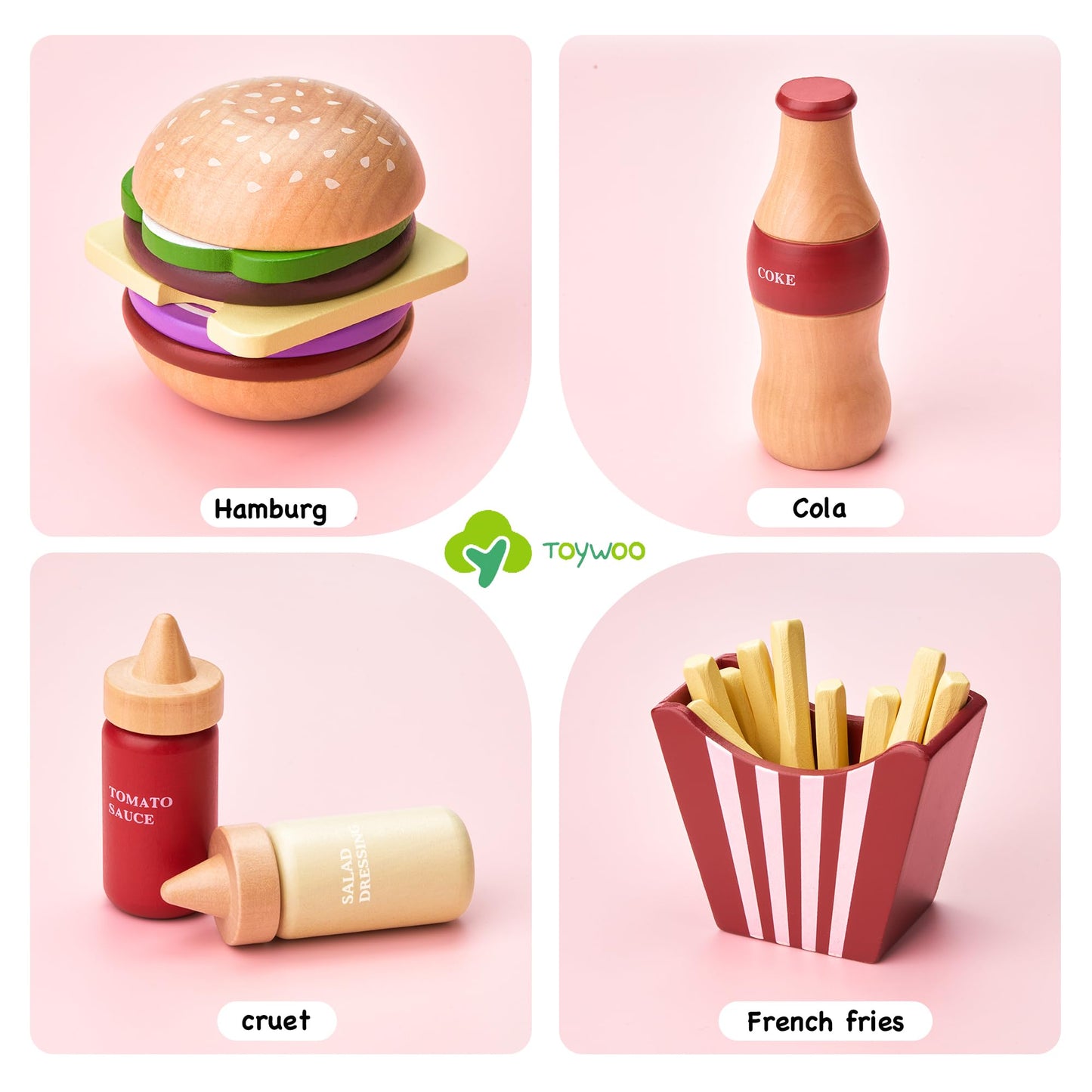 Toywoo Wooden Play Food Set - Pretend Hamburger Fast Food Toy for Kids, Educational Kitchen Accessories, Gift for Boys & Girls, Yellow