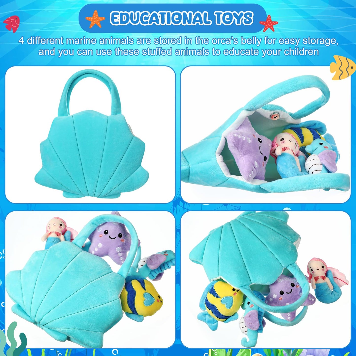Syhood 5 Pieces Ocean Stuffed Animals Plush Set Include 1 Shell Carrying Bag Toy Set With Small Mermaid Seahorse Starfish Fish Sensory Toy For Boys And Girls Huggable Sleeping Holiday Birthday Gifts