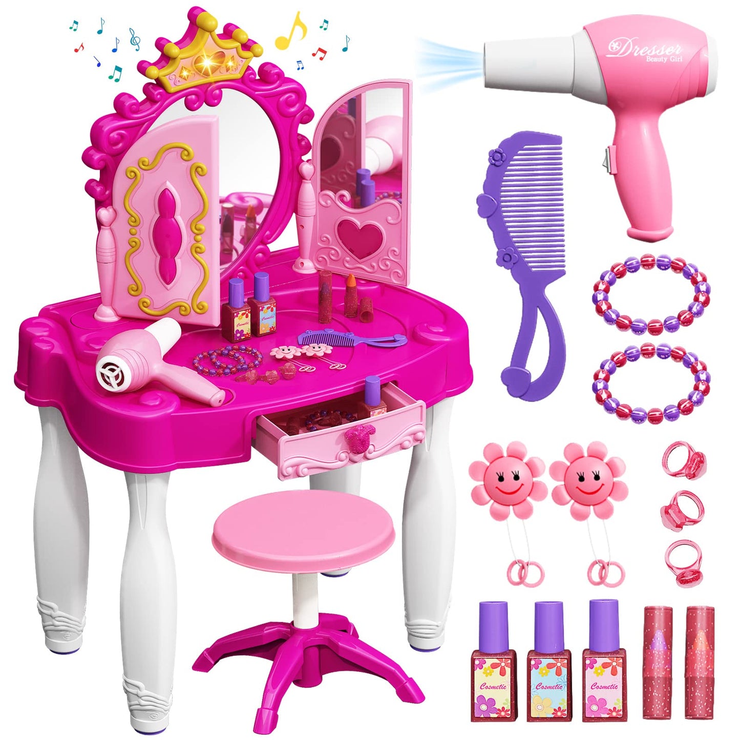 Eohemeral Toddler Makeup Table With Mirror And Chair, Kids Makeup Vanity Set With Accessories And Lights And Music Sound For Gir