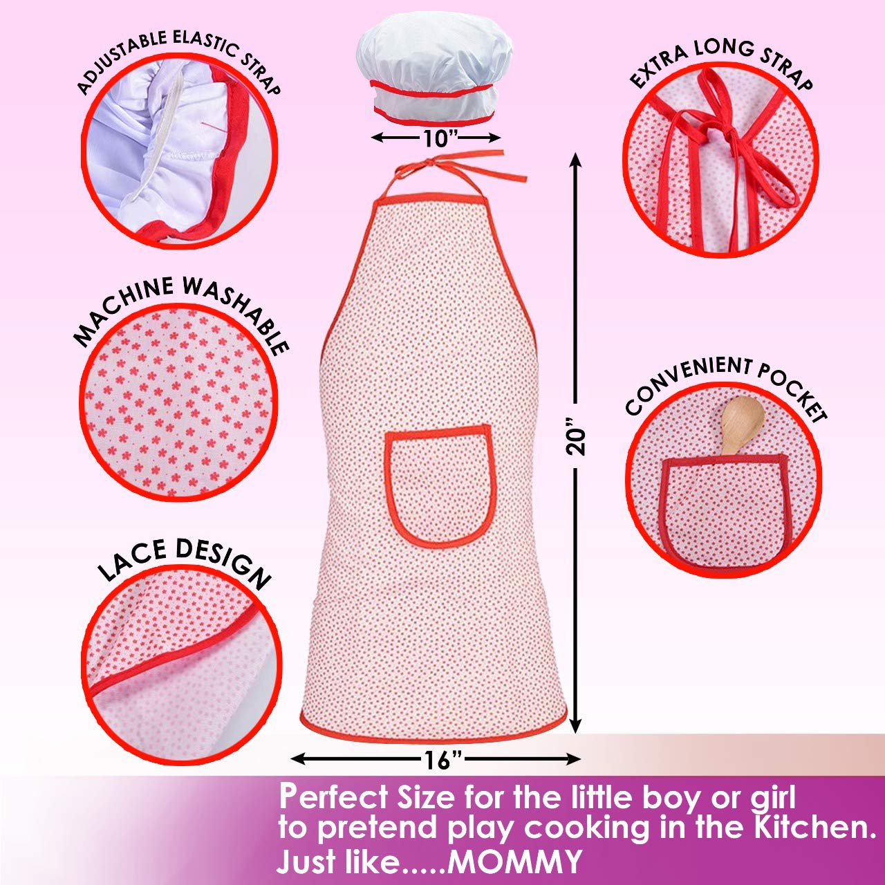 FUNERICA Kids Apron and Chef Hat Set for Girls and Boys. For Pretend Role Play, Cooking, Baking, Painting, and Gardening. Featur