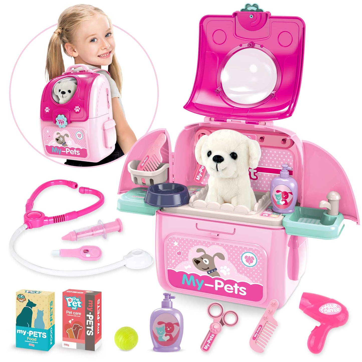 Toy Doctor kit for Toddlers 1-3 3-5, Girl Gifts for Toddlers 2 3 4 5 6 Years Old, Pet Care Pretend Play Doctor Set Toys for Kids