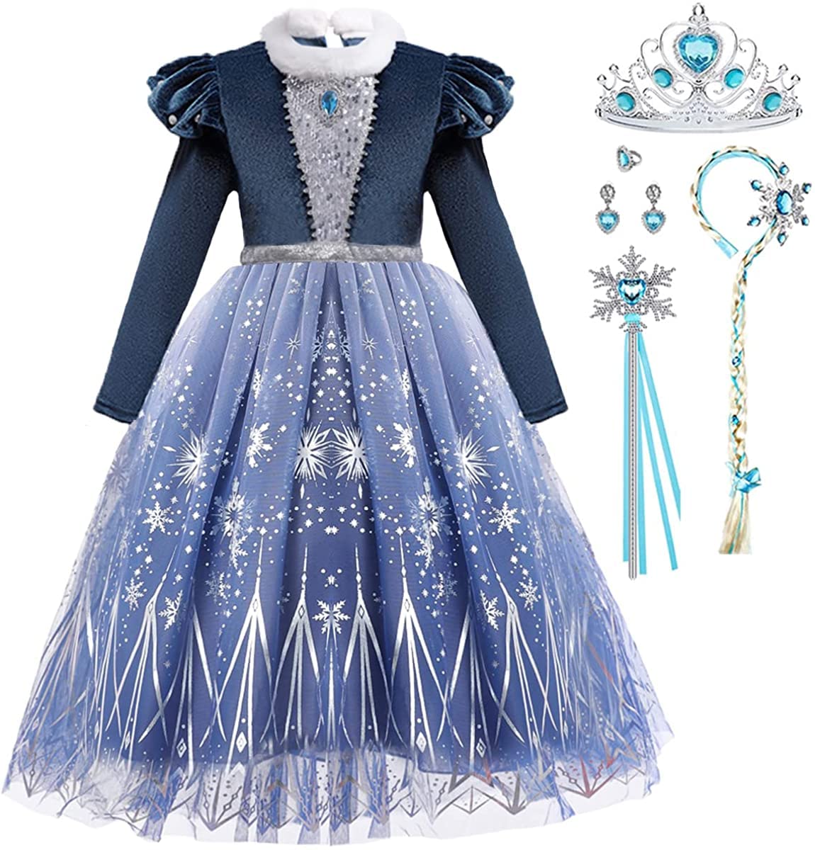 Itvti Girls Princess Elsa Dress Up Costume Snow Queen Halloween Christmas Cosplay Party Toddler Dress Blue, 5-6 Years(Label 130)