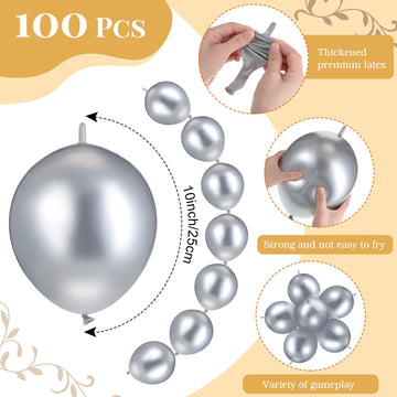 100 Pcs Link Balloon Linking Balloon Latex Linkable Balloons Connected Wedding Party Decoration (Metallic Silver, 10 Inch)