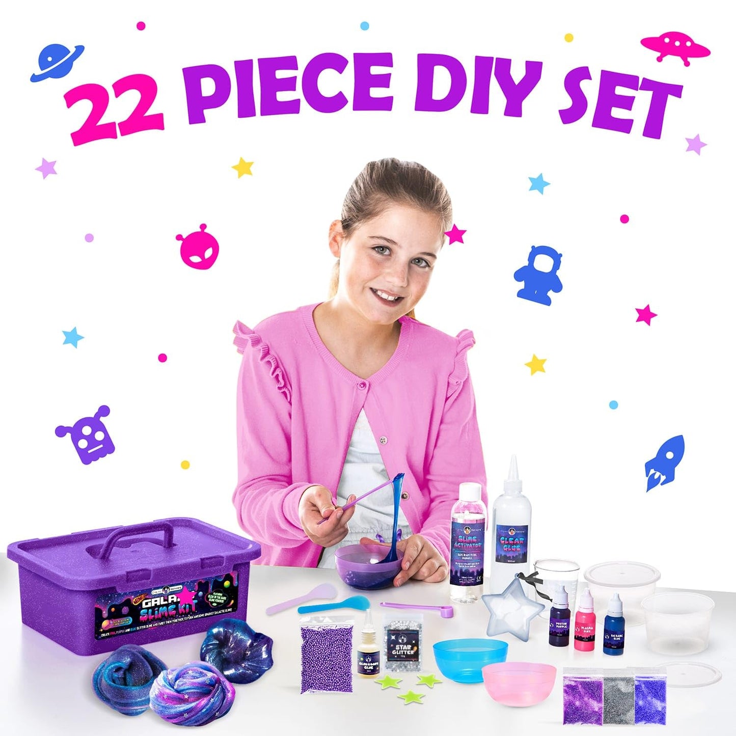 Original Stationery 22-Pieces Mini Galaxy Slime Kit, Make Your Own Galactic Slime With Glitter And Glow In The Dark Powder, Crea