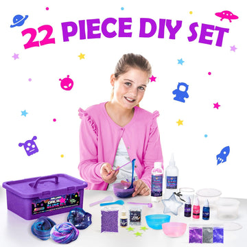 Original Stationery 22-Pieces Mini Galaxy Slime Kit, Make Your Own Galactic Slime With Glitter And Glow In The Dark Powder, Crea