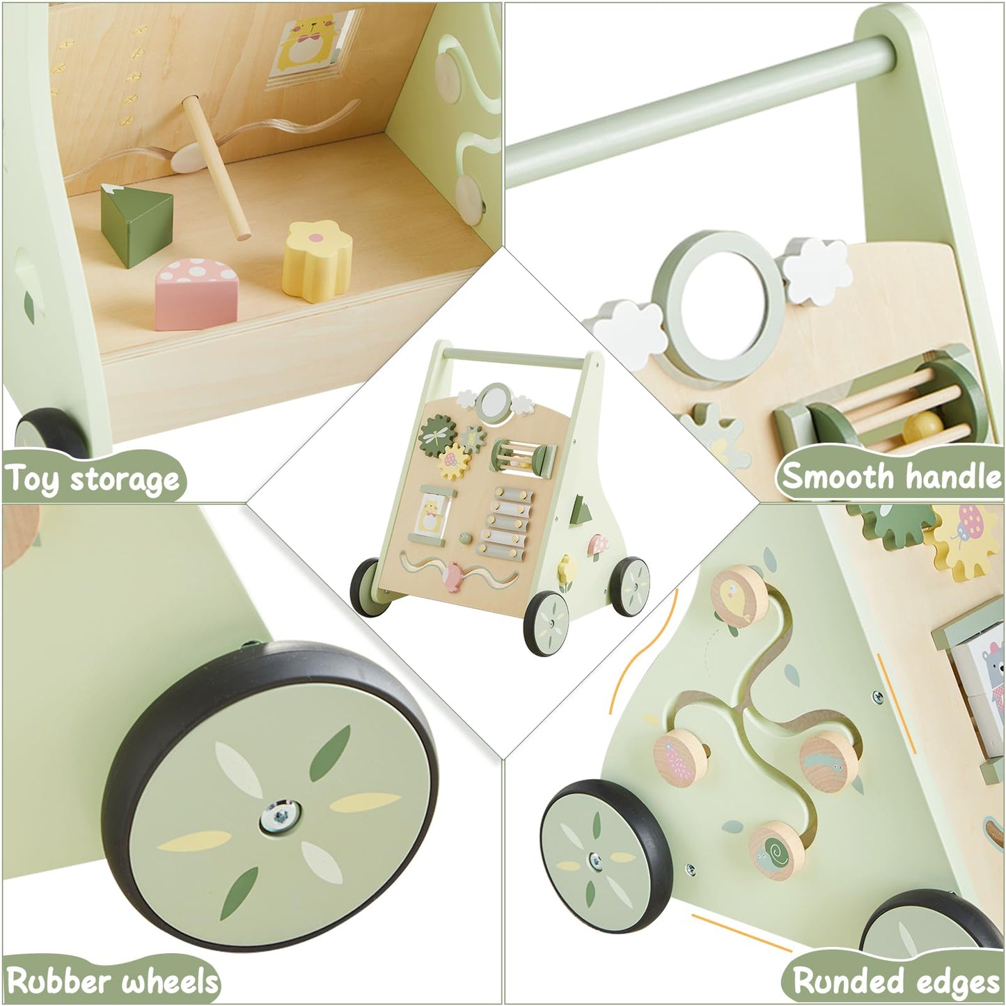 Beright Wooden Baby Walker Push And Pull Learning Activity Walker Kids’ Activity Toy Multiple Activities Center Develops Motor Skills & Stimulates Creativity(Green)