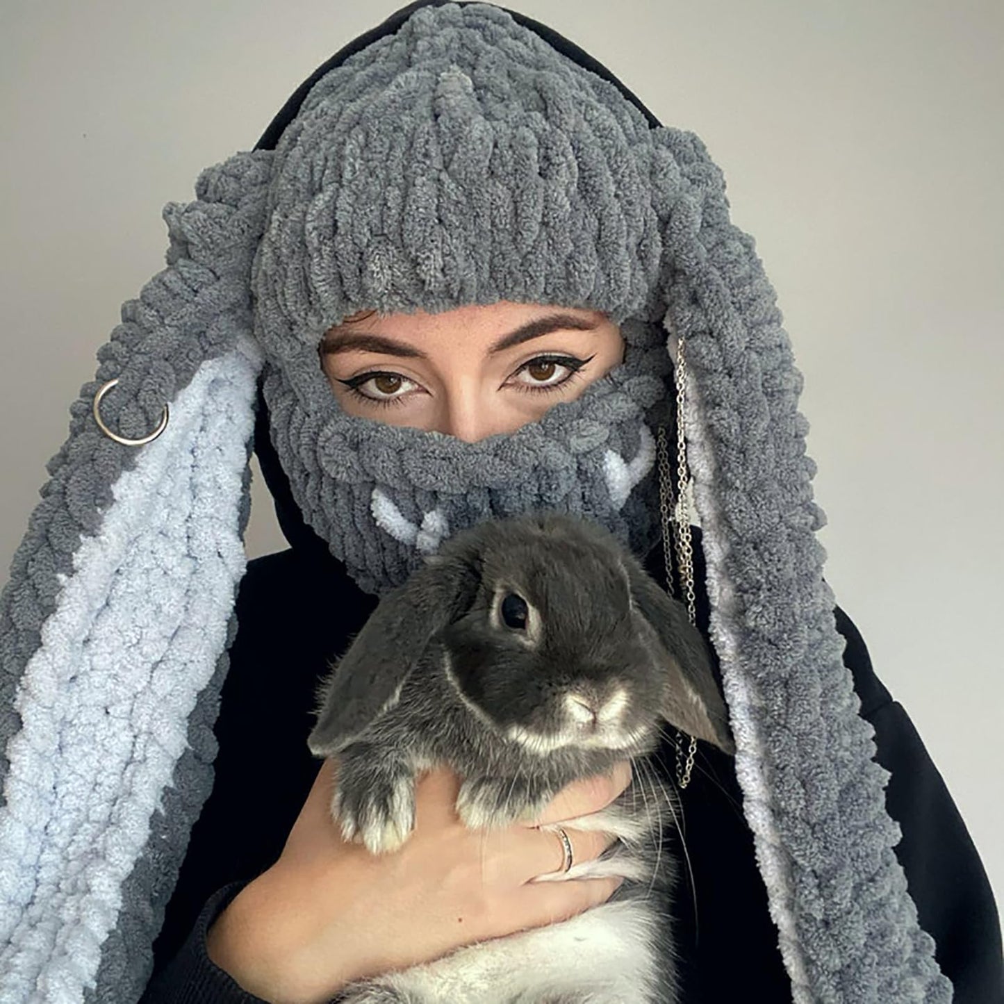 XKCL Bunny Hat - Funny Knit Plush Hat with Long Fluffy Ears, Cosplay Party Hat (Grey White)
