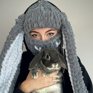 XKCL Bunny Hat - Funny Knit Plush Hat with Long Fluffy Ears, Cosplay Party Hat (Grey White)