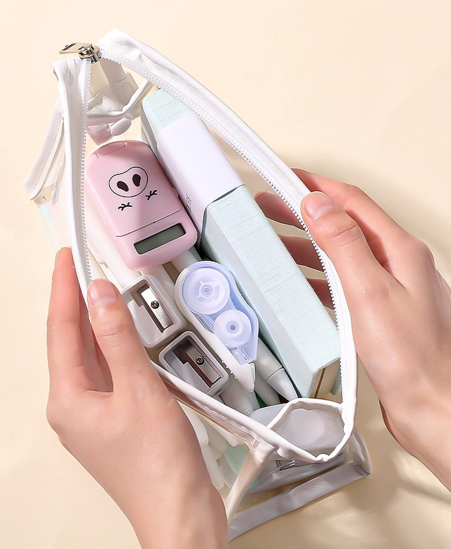 Wolpin Large Capacity Pencil Bag, Transparent Pencil Pouch With Zipper Closure Portable Makeup Pouch, Case Cute Stationery Bag F