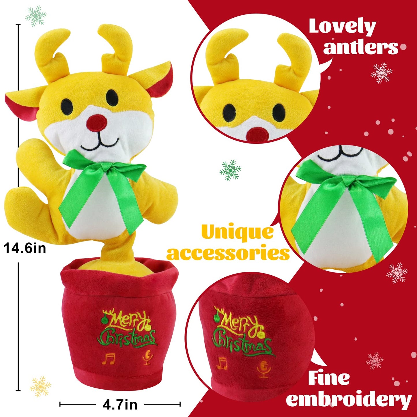 Oiuros Christmas Dancing Cactus Talking Baby Toys With Lights, Dancing Cactus Mimicking Toy Repeats What You Say Cactus Toy For Children'S Early Education(Christmas Reindeer)